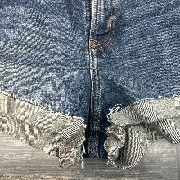 Arizona Jean Co. Hi- Rise Cuffed Cut Off Denim Shorts 9 Dark Blue distressed {70 - Picture 6 of 10